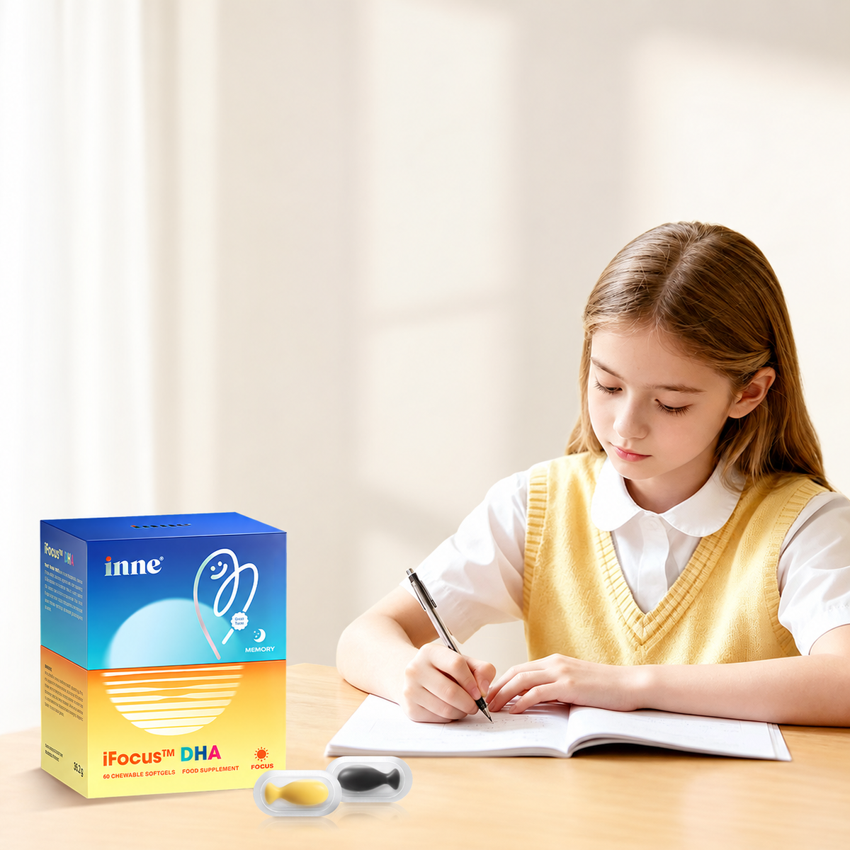 inne iFocus pack beside a child writing at a desk