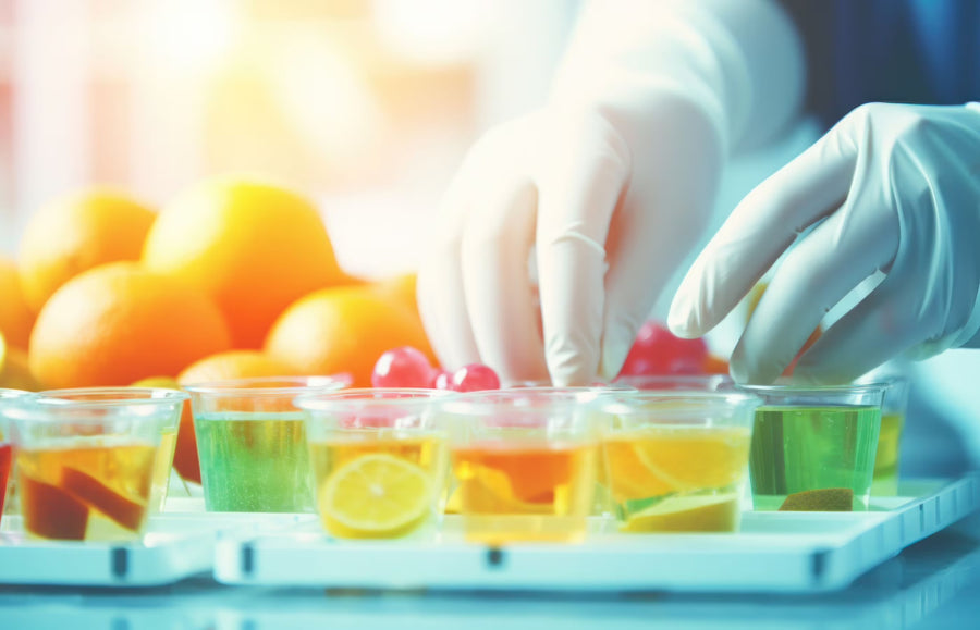 Gloved hands arranging fruit and samples for nutrition research